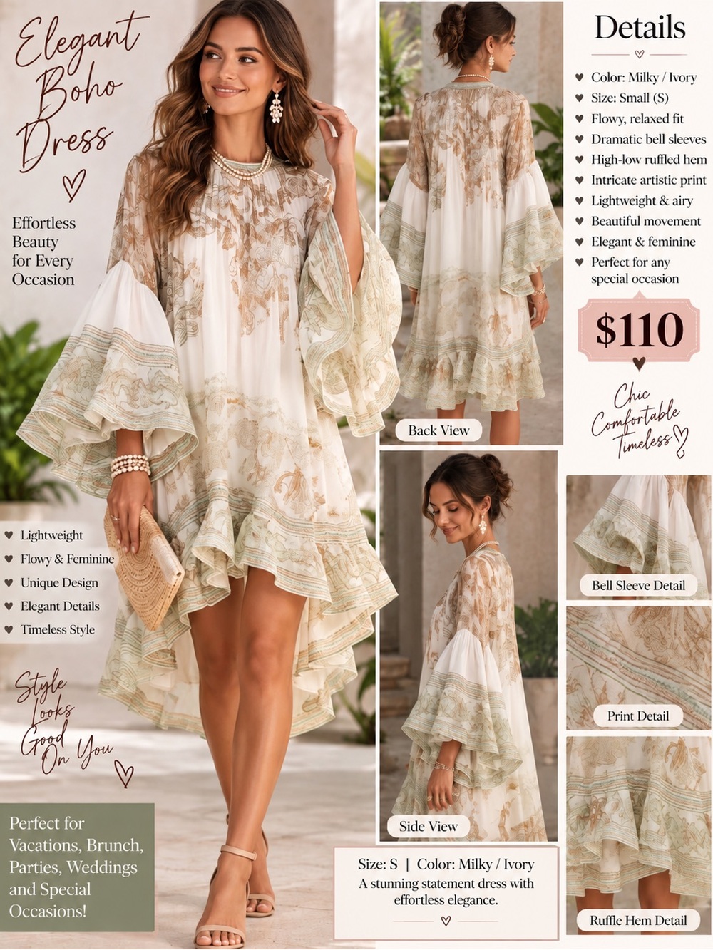 Elegant Boho Milky/Ivory Bell-Sleeve Dress